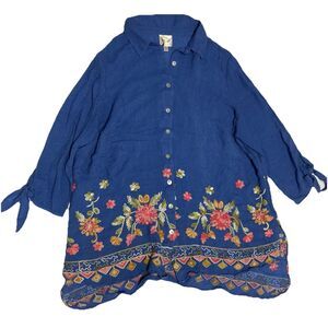 Fig & Flower Boho Embroidered Floral Button Up Blouse | Blue | Size 1X